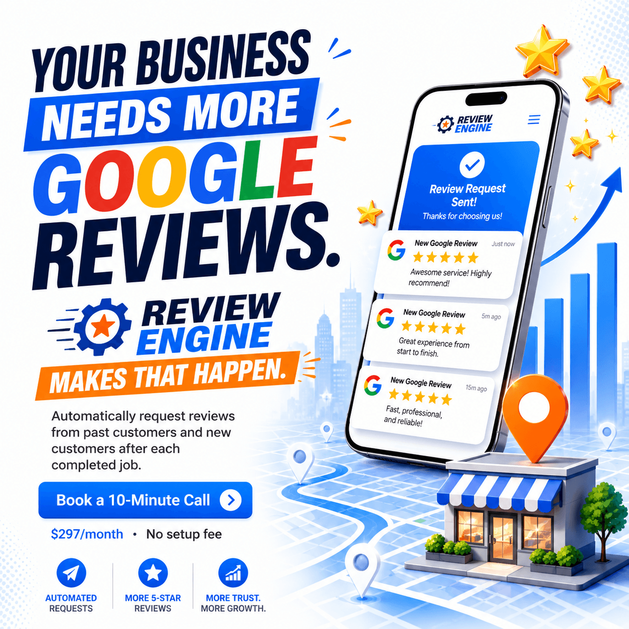 Review Engine helps service businesses get more Google reviews with automated requests.