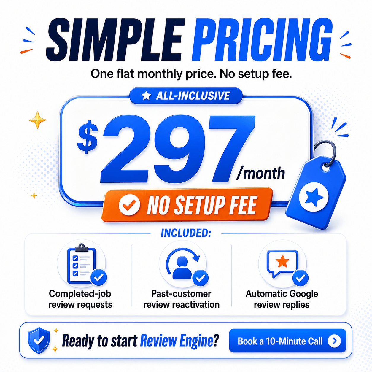 Review Engine pricing is $297 per month with no setup fee.